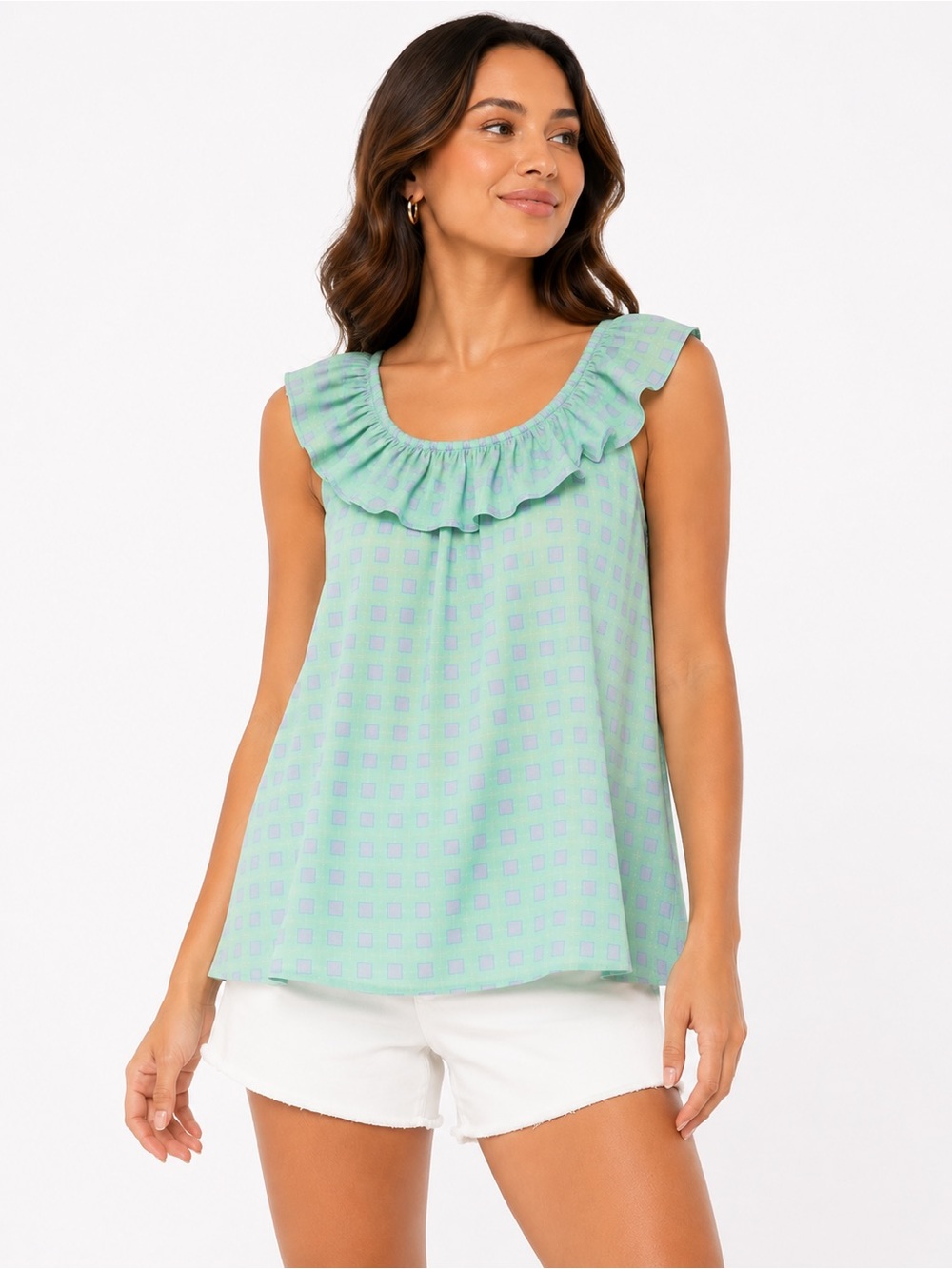 NWT Michelle McDowell Size Largr Green Ruffle Scoop Neck Sleeveless Top